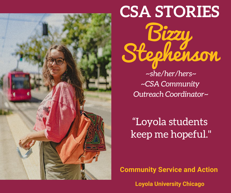 CSA Story Header for Bizzy Stephenson; image of Bizzy smiling outside on a maroon and gold background